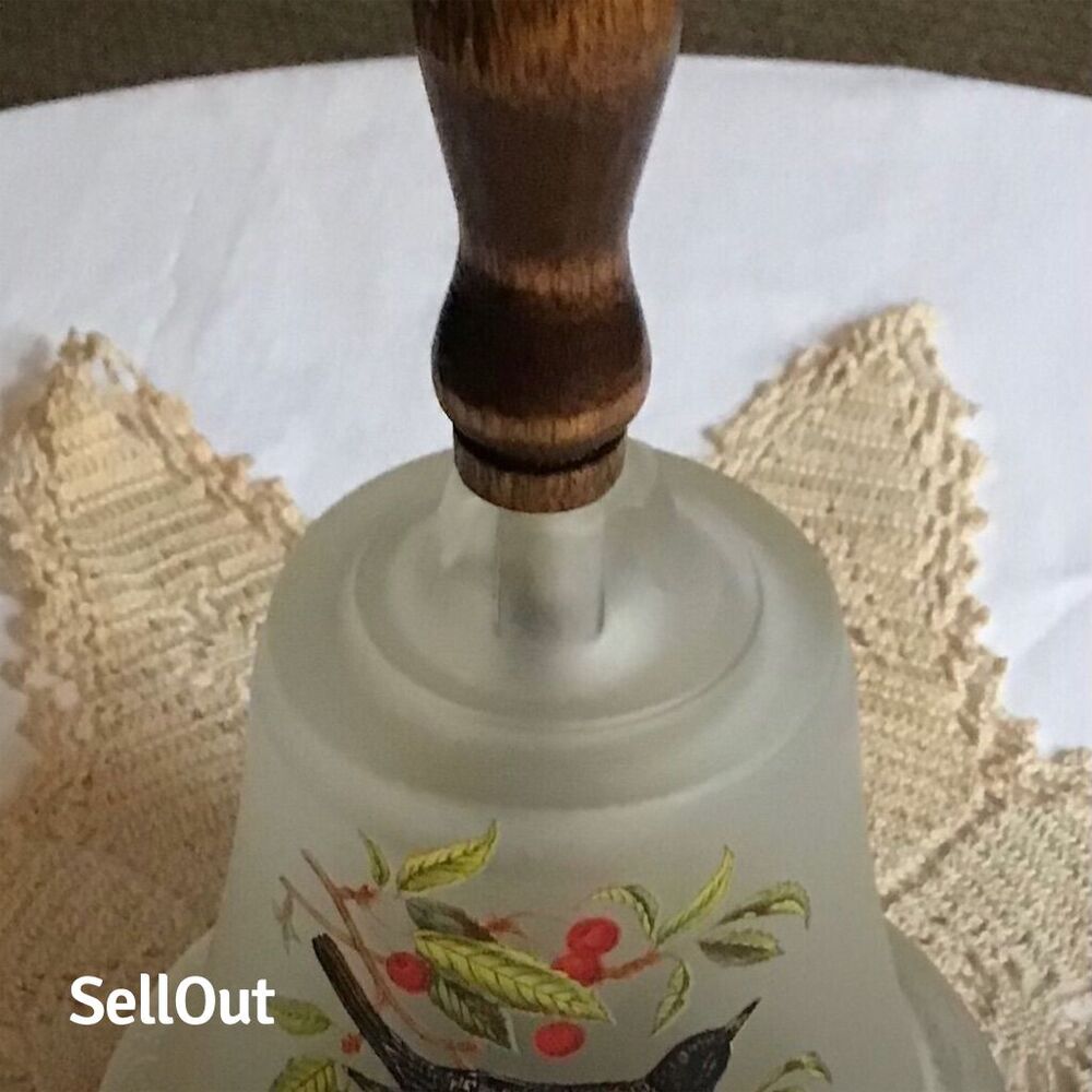 Vintage Frosted Glass Bell with Wooden Handle & Bird Motif